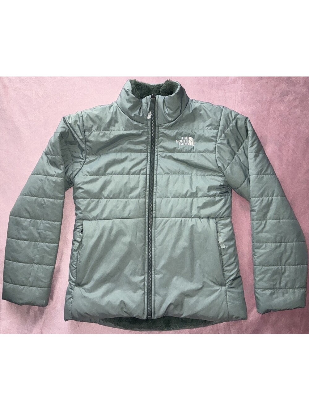 The North Face Jacket Girls M Green Reversible Puffer Fleece Warm Soft READ